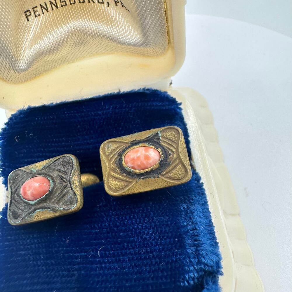 Antique Victorian Arts & Crafts gold tone peach art glass bean back cufflinks - Picture 4 of 8